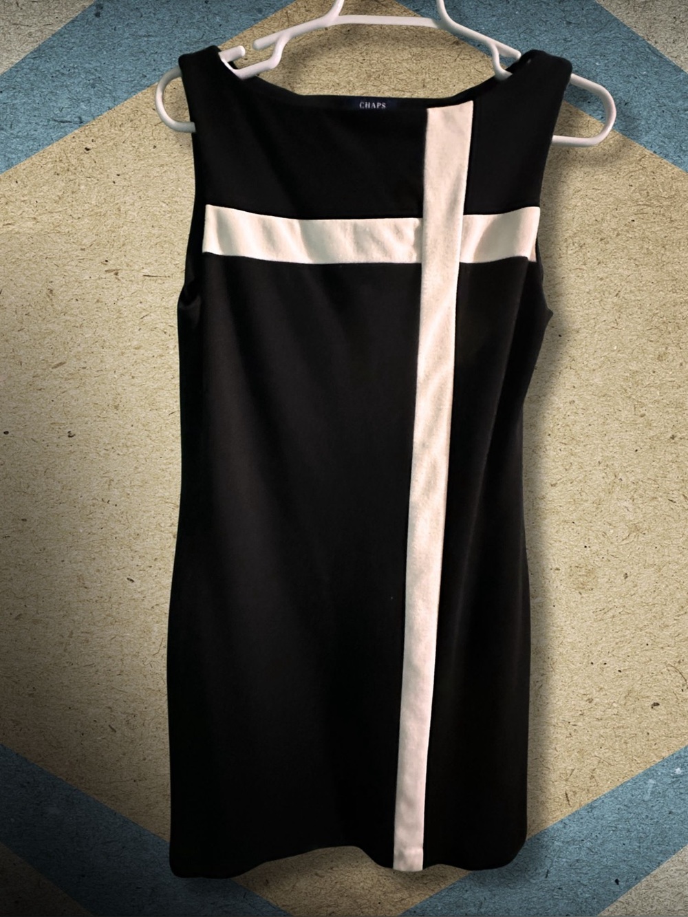 Vtg Chaps Black Mod Sheath Dress with Cream Cross-Accent